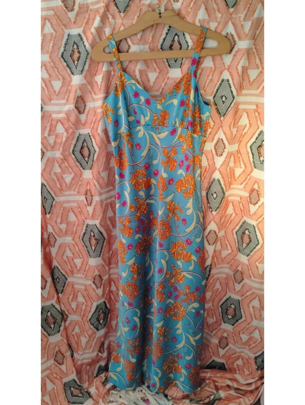 Sofia Vergara Blue Floral Satin Midi Dress small